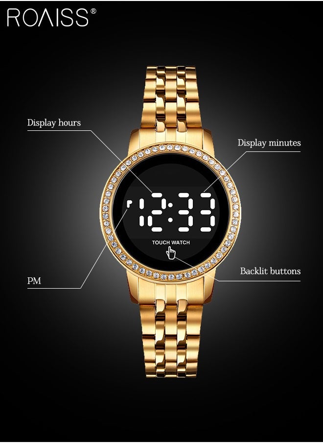 Women's Digital Touch Screen Watch Led Display Round Dial with Rhinestones Decorated Bezel Waterproof Luminous Stainless Steel Strap Wristwatch with Calendar Display, Gold