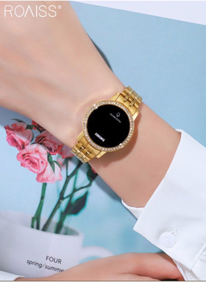 Women's Digital Touch Screen Watch Led Display Round Dial with Rhinestones Decorated Bezel Waterproof Luminous Stainless Steel Strap Wristwatch with Calendar Display, Gold