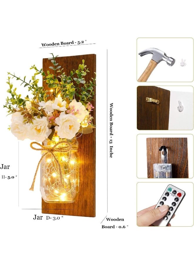 Mumoo Bear Rustic Wall Sconces Mason Jar Handmade Art Hanging Design with Remote Control LED Fairy Lights and White Peony, Farmhouse Kitchen Decorations Living Room Set of Two