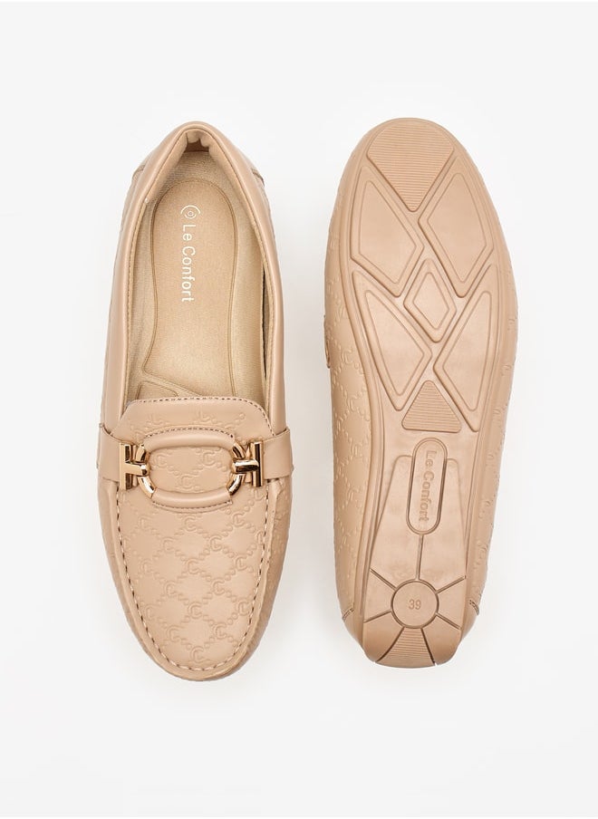 Textured Slip-On Moccasins with Metal Accent