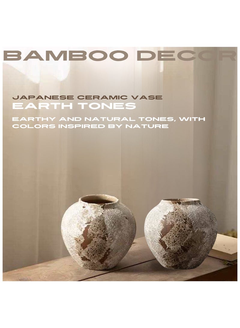 Bamboo Decor |  Ceramic Vase _ Minimalist Design _Japanese  Style ceramic embossed Rustic pattern  suitable for Dried Plants _ Boho Décor For Dining-Console-Accent Table color(Classic A Retro 22 CM)