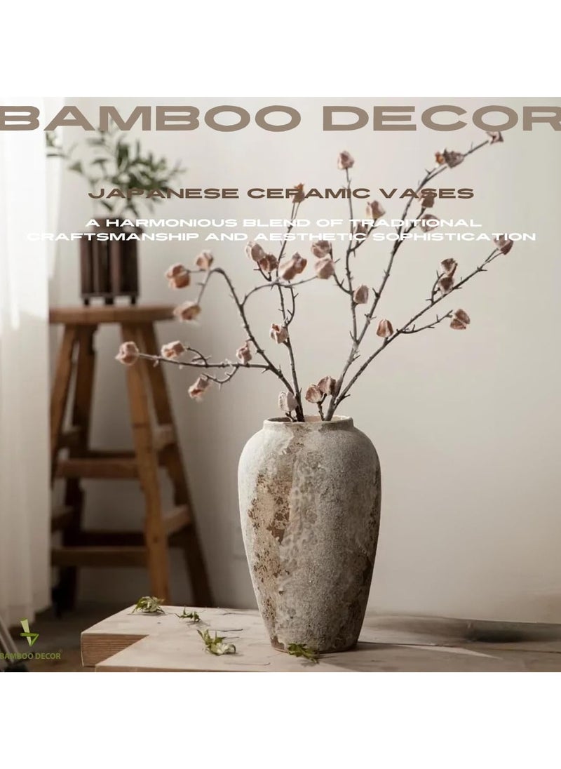 Bamboo Decor |  Ceramic Vase _ Minimalist Design _Japanese  Style ceramic embossed Rustic pattern  suitable for Dried Plants _ Boho Décor For Dining-Console-Accent Table color(Classic B Retro 29 CM)