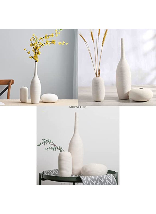 Tall Embossed Line Ceramic Vase with 20 pcs White Vase Fillers