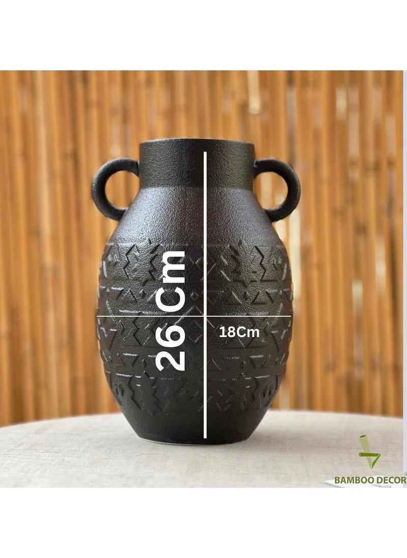 Bamboo Decor |Contemporary Ceramic Vase _ Minimalist Design _Moroccan Style ceramic embossed pattern  suitable for Dried Plants _ Boho Décor For Dining-Console-Accent Table (Black -26 CM)