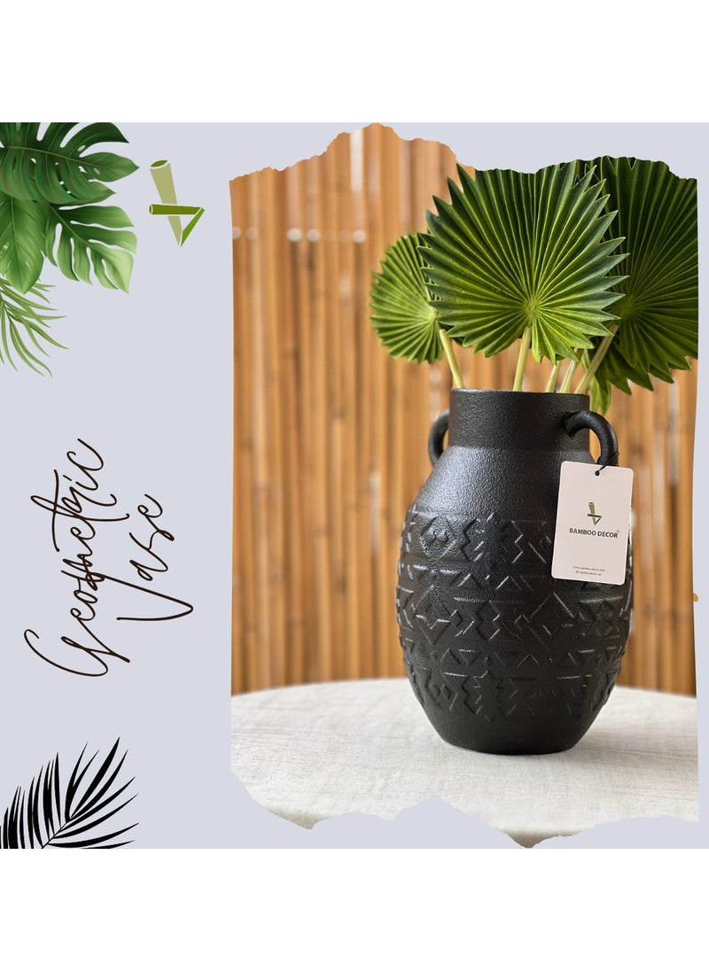 Bamboo Decor |Contemporary Ceramic Vase _ Minimalist Design _Moroccan Style ceramic embossed pattern  suitable for Dried Plants _ Boho Décor For Dining-Console-Accent Table (Black -26 CM)