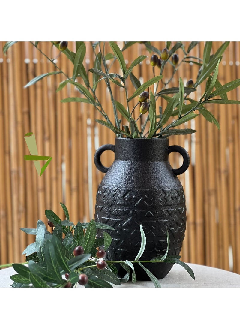 Bamboo Decor |Contemporary Ceramic Vase _ Minimalist Design _Moroccan Style ceramic embossed pattern  suitable for Dried Plants _ Boho Décor For Dining-Console-Accent Table (Black -26 CM)