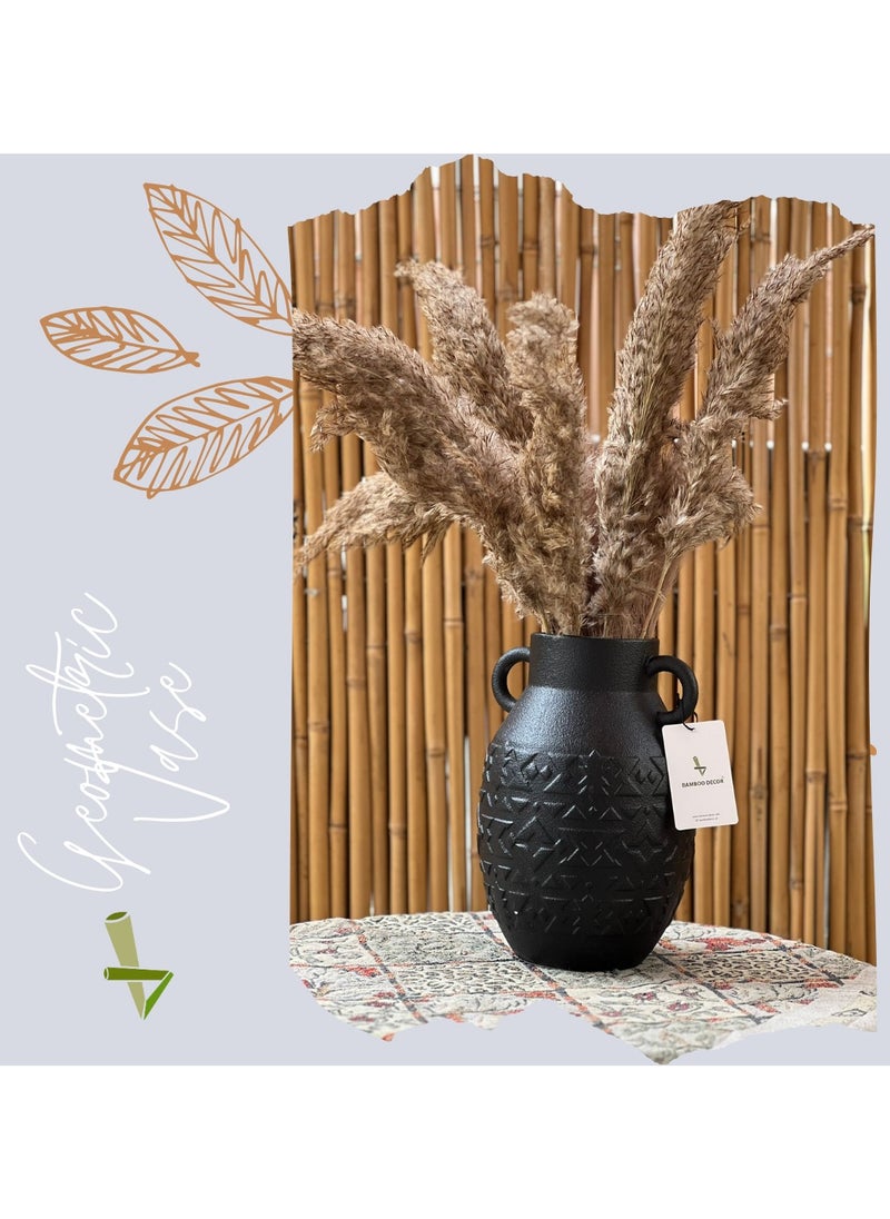 Bamboo Decor |Contemporary Ceramic Vase _ Minimalist Design _Moroccan Style ceramic embossed pattern  suitable for Dried Plants _ Boho Décor For Dining-Console-Accent Table (Black -26 CM)