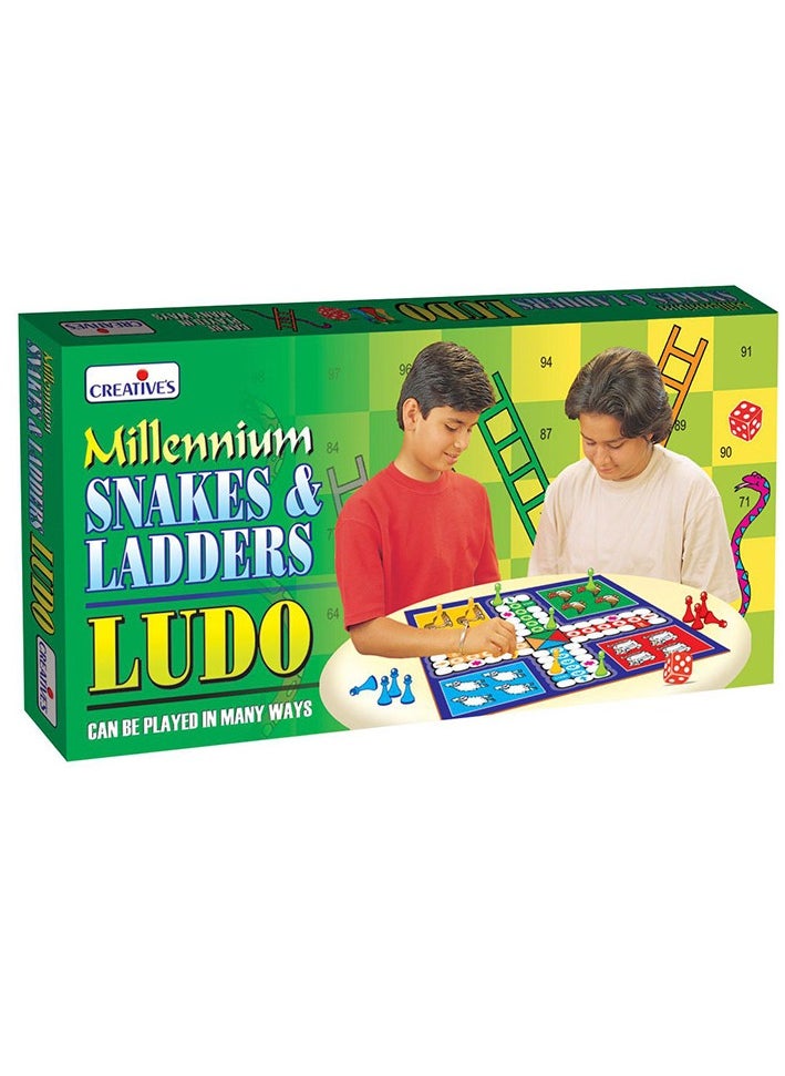 Creative's Millennium Snakes & Ladders Ludo|Fun Board Game | Family Board Games| Modern Version of Classic Ludo| Ages 3 &Up | 2 Dice | 16 Play Pieces| Mathematical Skills Board Game