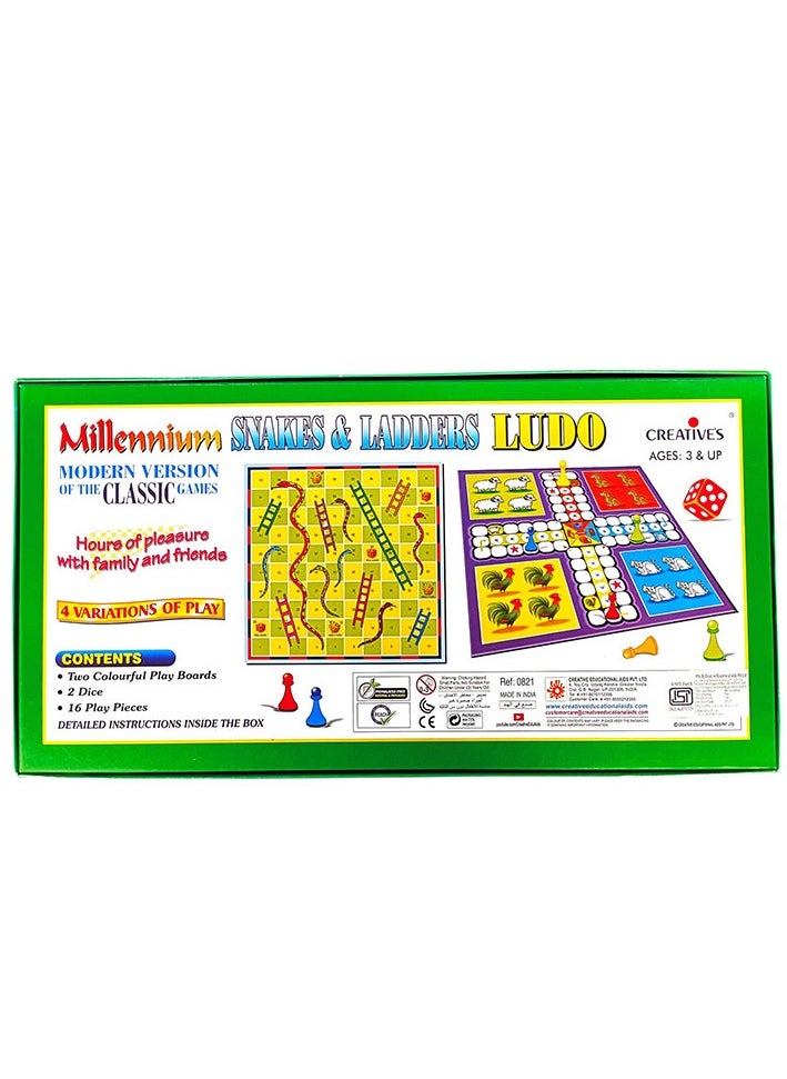 Creative's Millennium Snakes & Ladders Ludo|Fun Board Game | Family Board Games| Modern Version of Classic Ludo| Ages 3 &Up | 2 Dice | 16 Play Pieces| Mathematical Skills Board Game