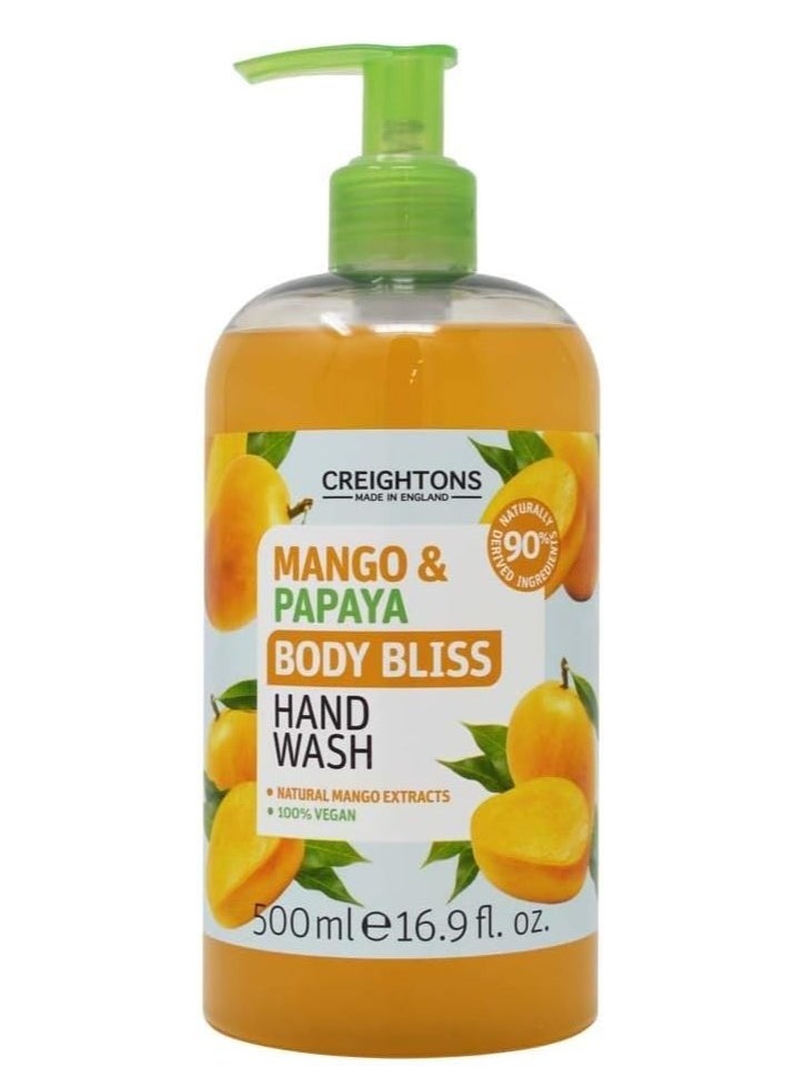 Body Bliss Mango and Papaya Hand Wash 500ml Awaken your senses and kick start the day with a burst of mango and papaya made with sustainably sourced fruit extracts and 100 percent Vegan