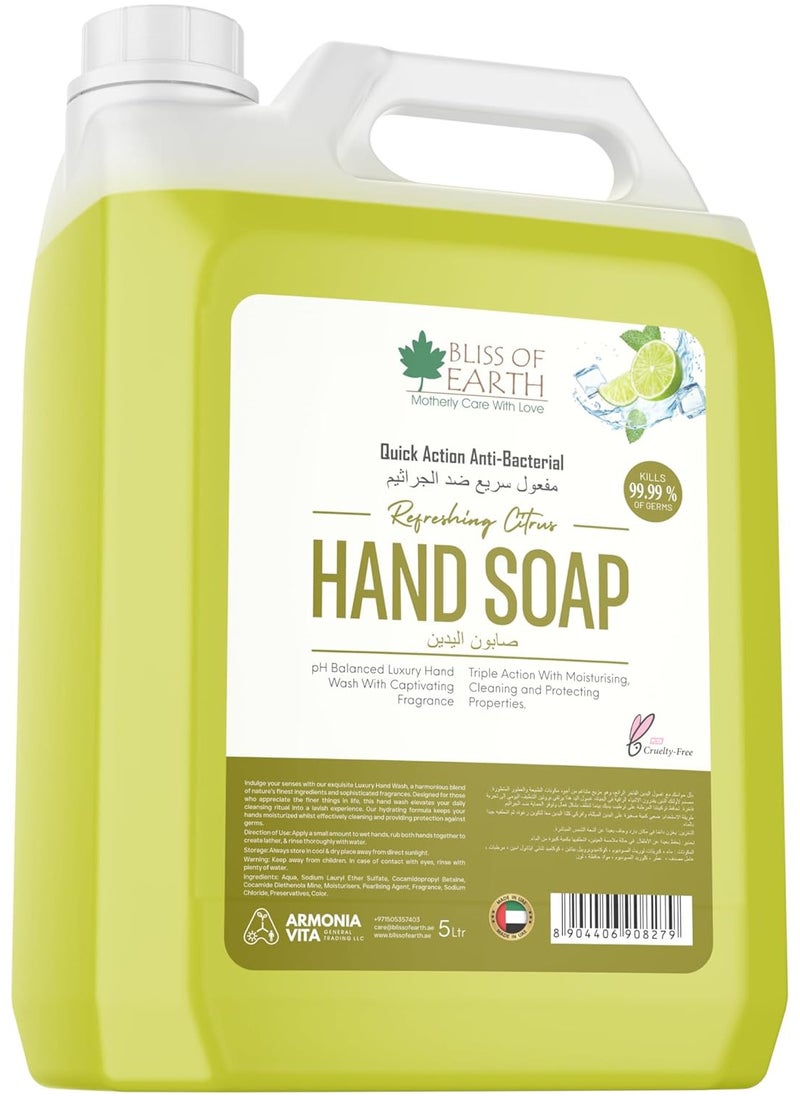 Hand Wash Refill Liquid, Refreshing Citrus Hand Soap 5 Liter Non Drying Moisturizing Formula Aromatic Fragrance Perfect For Home Office Hotel & Cafe