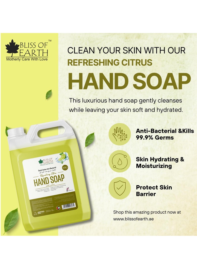Hand Wash Refill Liquid, Refreshing Citrus Hand Soap 5 Liter Non Drying Moisturizing Formula Aromatic Fragrance Perfect For Home Office Hotel & Cafe