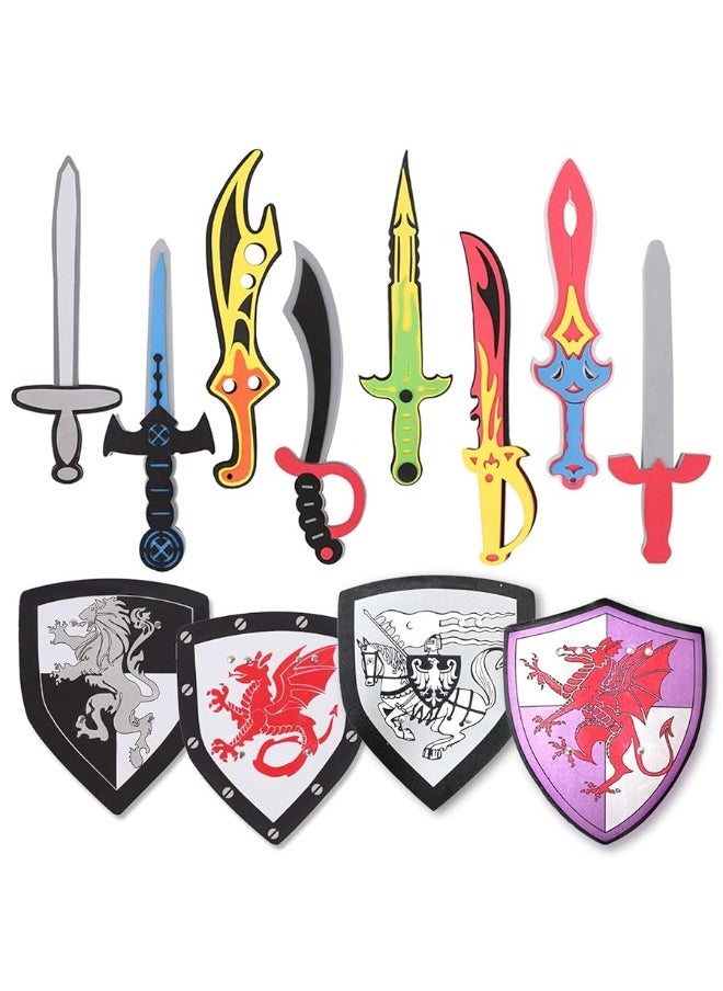 12 Pack Foam Swords and Shields Playset, Medieval Combat Ninja Warrior Weapons Costume Role Play Accessories for Kids Party Favors