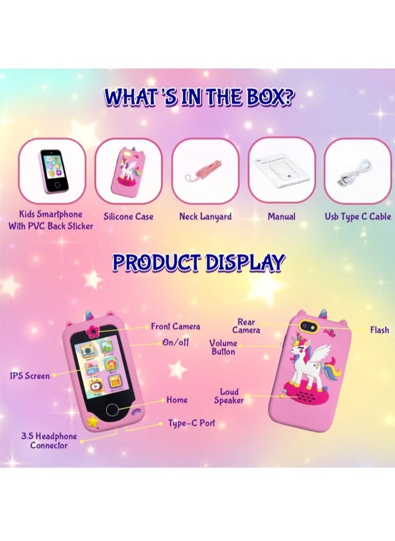 Kids Smart Phone Toys for Girls Ages 3-8 Toddler Play Travel Toys with Dual Camera Educational Learning Games Puzzles MP3 Music Player Birthday Gifts for Kids Girls 3 to 8 Years Old with 8 GB Card