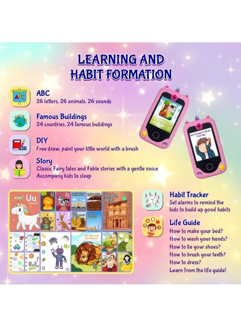 Kids Smart Phone Toys for Girls Ages 3-8 Toddler Play Travel Toys with Dual Camera Educational Learning Games Puzzles MP3 Music Player Birthday Gifts for Kids Girls 3 to 8 Years Old with 8 GB Card