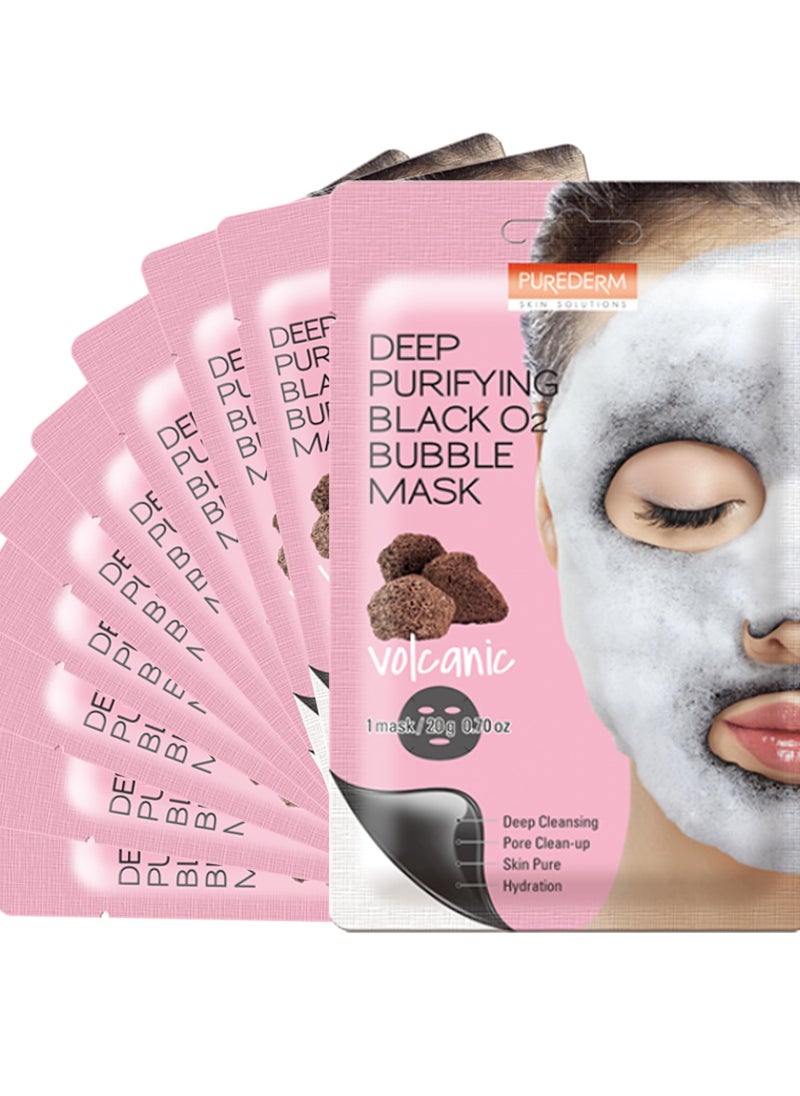 Purederm Deep Purifying Black O2 Bubble Mask Volcanic (10 Pack) - Bubble Face Sheet Mask for Purifying & Brightening