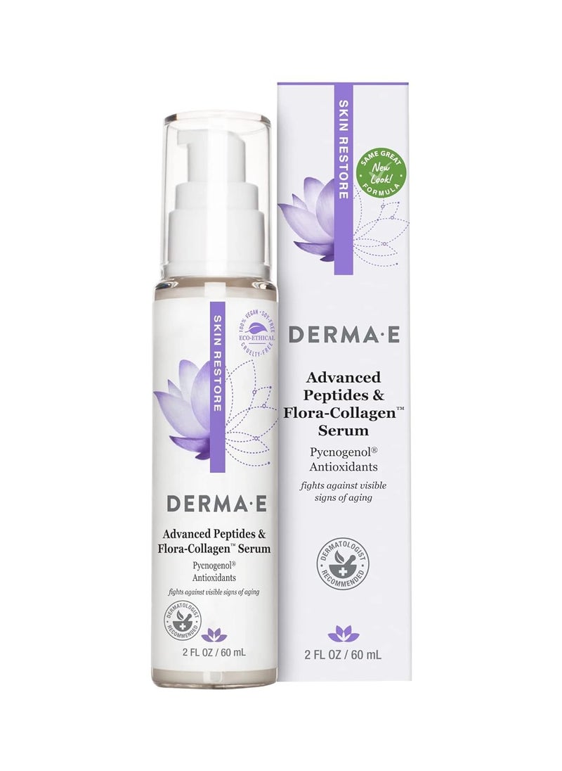 DERMA E Advanced Peptides and Vegan Flora-Collagen Serum – Double Action Collagen Face Cream with Peptide Complex – Intensely Hydrating Treatment for Lines, Wrinkles and Redness, 2 oz