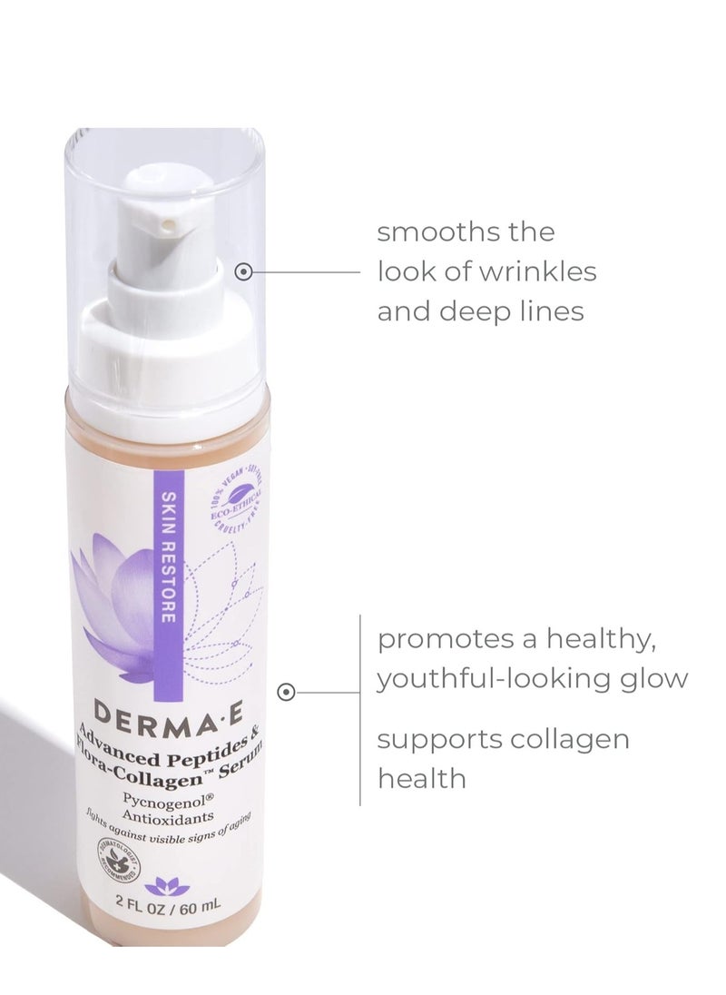 DERMA E Advanced Peptides and Vegan Flora-Collagen Serum – Double Action Collagen Face Cream with Peptide Complex – Intensely Hydrating Treatment for Lines, Wrinkles and Redness, 2 oz