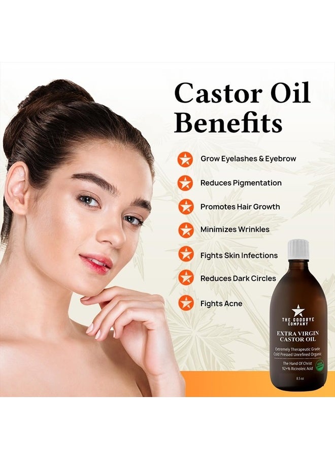 Extra Virgin Castor Oil - 8.5oz - 100% Pure Castor Oil Cold Pressed Unrefined, Hexane-Free - For Healthy Natural Skin, Hair Growth and Eyelashes (250ml)