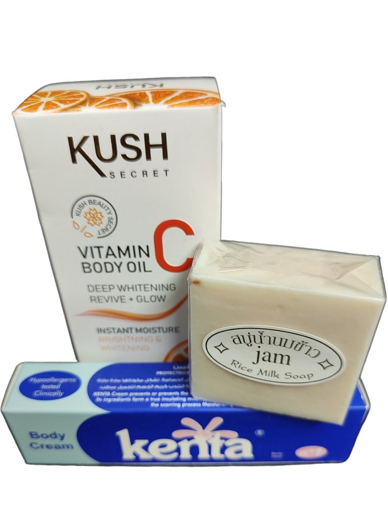 Best combination for whitening dark spot under skin vitamin c oil with kenta cream and rice soap