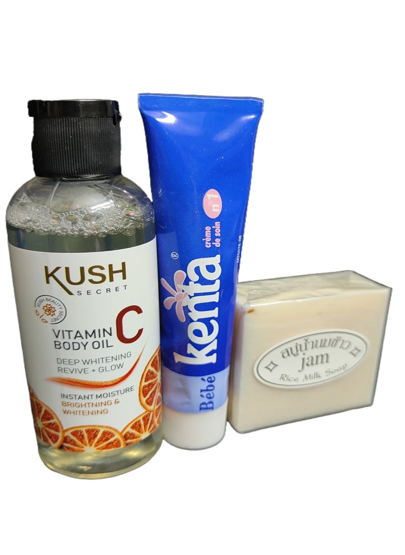 Best combination for whitening dark spot under skin vitamin c oil with kenta cream and rice soap