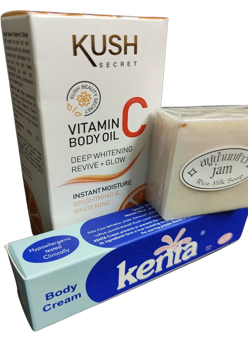 Best combination for whitening dark spot under skin vitamin c oil with kenta cream and rice soap