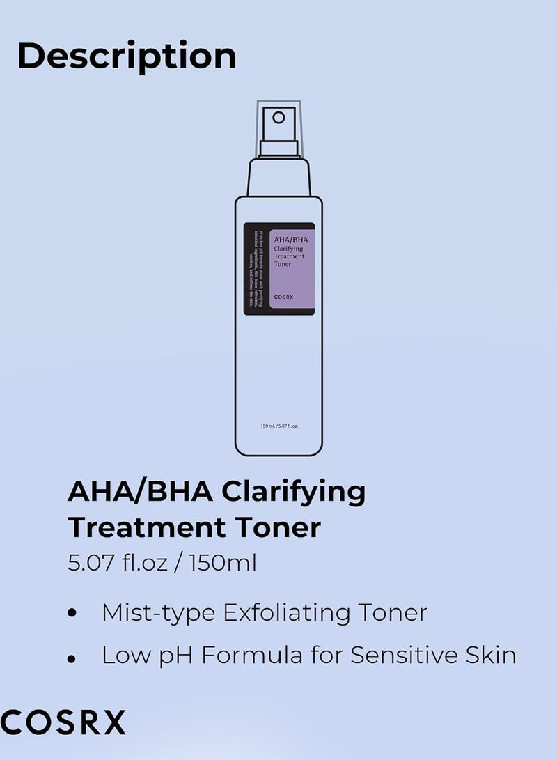 AHA/BHA Treatment Toner 5.07 Fl.oz/ 150Ml, Facial Exfoliating Spray For Whiteheads, Pores, And Uneven Skin, Korean Toner, Not Tested On Animals, No Parabens, No Sulfates, Korean Skincare 150ml