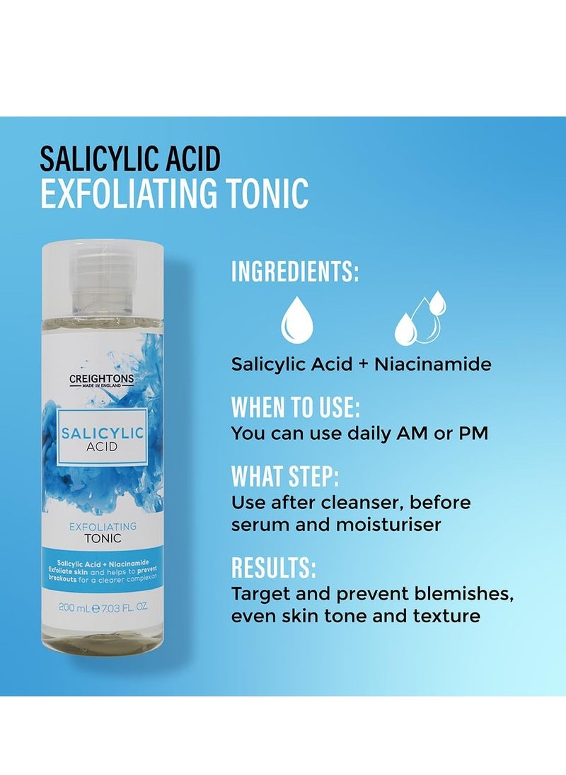 Salicylic Acid Exfoliating Tonic 200ml Reduces Blemishes Uneven Skin Tone and Texture 1 Salicylic Acid and 1percent Niacinamide Dermatologically Tested Vegan and Cruelty Free