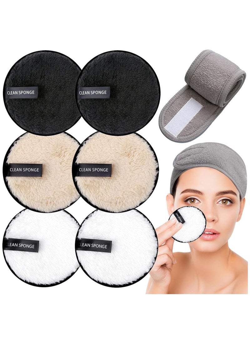 7 PCS Makeup Remover Pads, Make Up Remover Cloth, Reusable Make Up Pads with Spa Headbands, Double Sided Face Pads Washable Facial Towel Microfibre Cotton Face Eyes Cleansing Cloths for All Skin Type