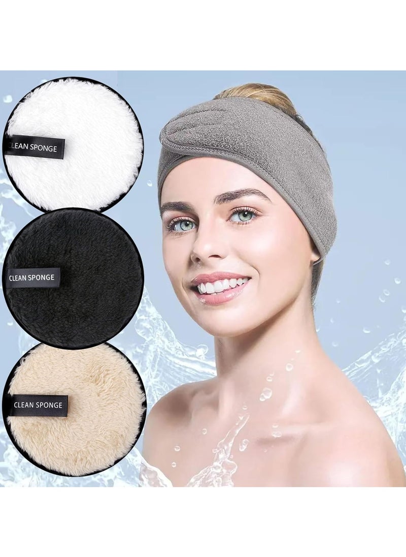 7 PCS Makeup Remover Pads, Make Up Remover Cloth, Reusable Make Up Pads with Spa Headbands, Double Sided Face Pads Washable Facial Towel Microfibre Cotton Face Eyes Cleansing Cloths for All Skin Type