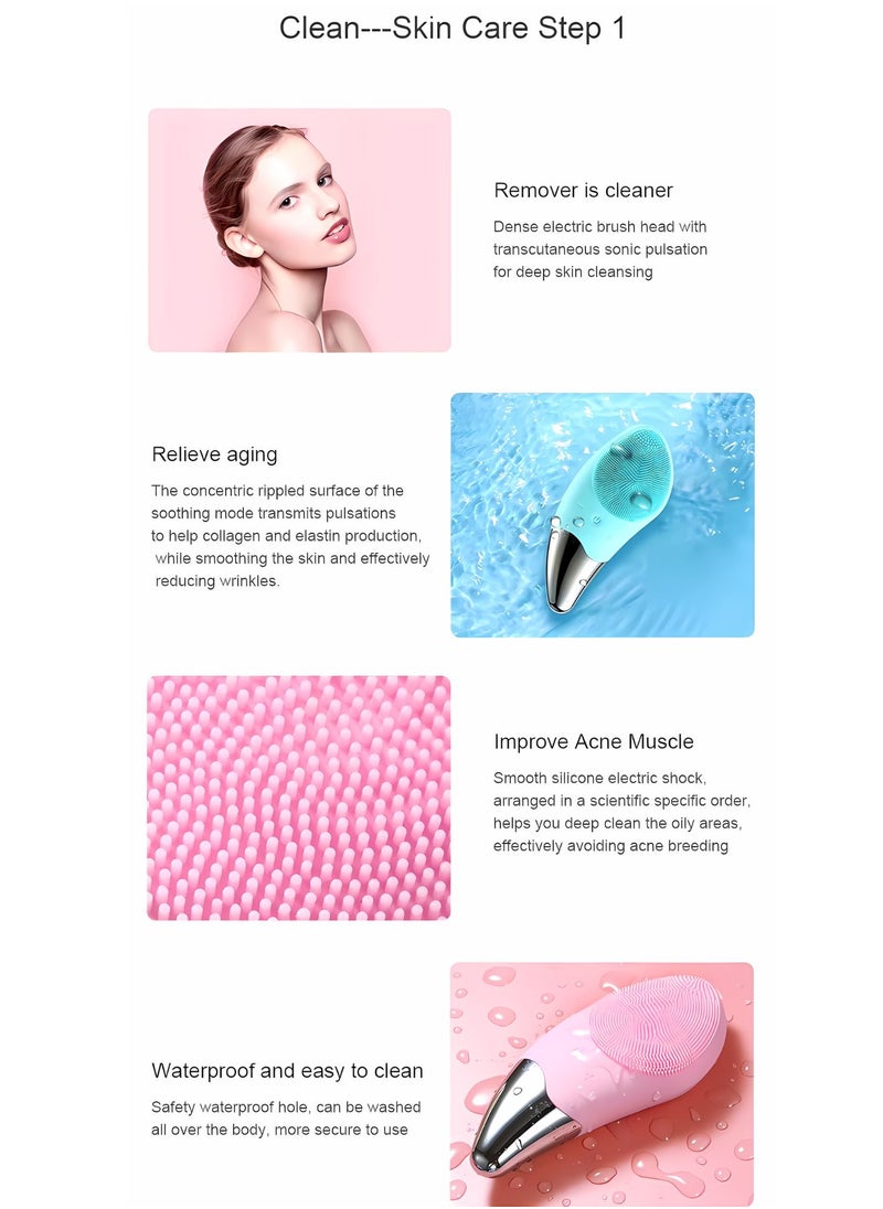 Silicone Sonic Facial Cleansing Brush & Massager, Waterproof Silicone Face Scrubber for Deep Cleansing, Exfoliating, Blackhead Removing