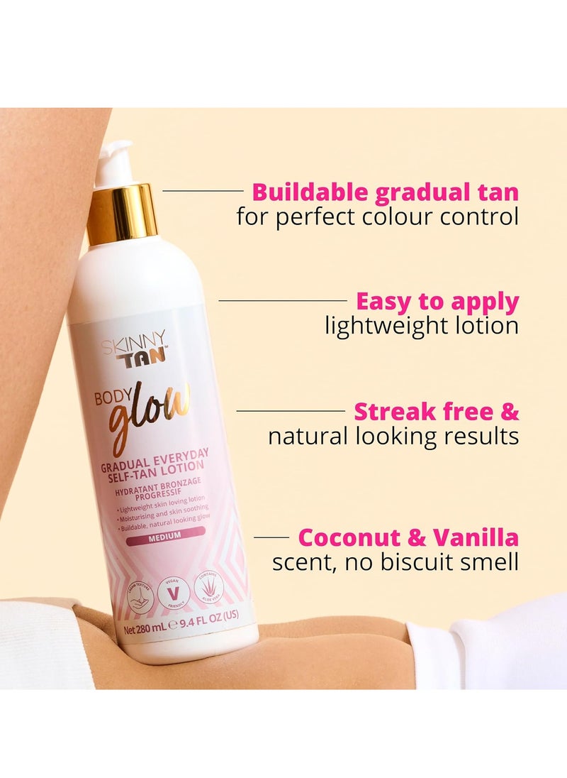 Body Glow Moisturizing Gradual Tan Lotion Fake Tan Moisturizer Cruelty Free Paraben Free and Vegan Tanning Moisturizer Body Lotion with Coconut and Vanilla Aroma 280ml