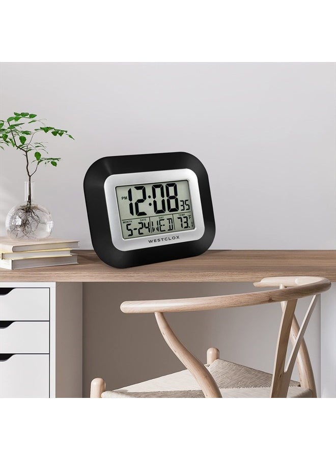 Large Digital Wall Clock Battery Operated with Temperature Date and Day of Week with Alarm | Modern Digital Desk Clock for Office Kitchen Bedroom or Living Room | Black