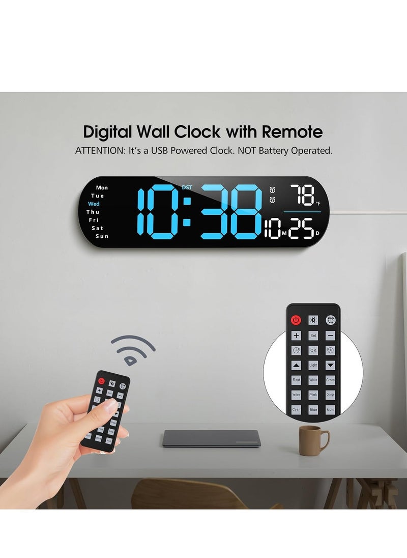 Digital Wall Clock Large Display, 14 inch Large Digital Wall Clock with RGB Color Remote Control, Date Week Temperature DST, Auto Brightness Dimmer Big Clock with Night Lights