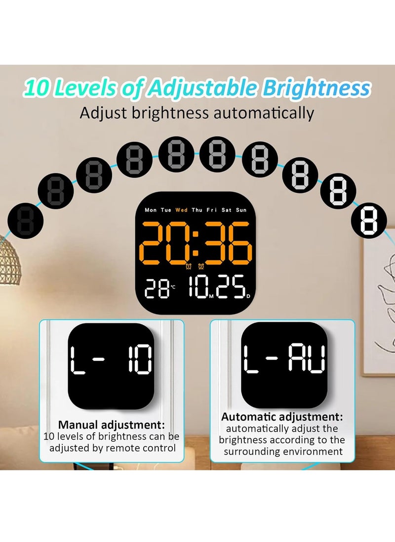 Digital Wall Clock, 10.5” LED Alarm Clock for Bedroom, with Remote Control,Date and Temperature,10 Level Brightness, Auto Dimming, for Living Room Office Gym Shop Decor