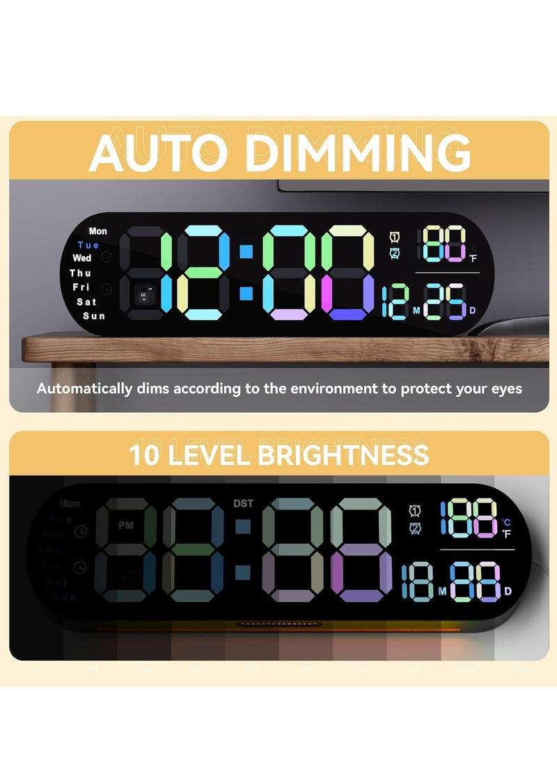 Digital Wall Clock Large Display, 14 inch Large Digital Wall Clock with RGB Color Remote Control, Date Week Temperature DST, Auto Brightness Dimmer Big Clock with Night Lights