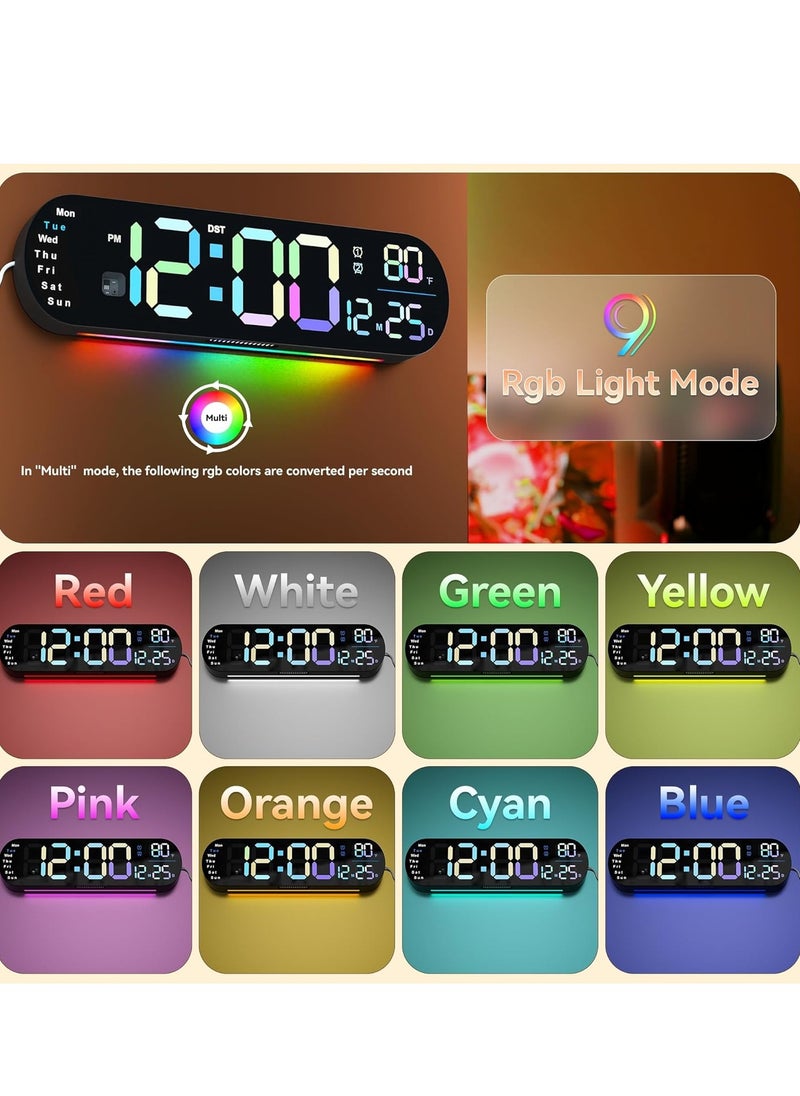 Digital Wall Clock Large Display, 14 inch Large Digital Wall Clock with RGB Color Remote Control, Date Week Temperature DST, Auto Brightness Dimmer Big Clock with Night Lights