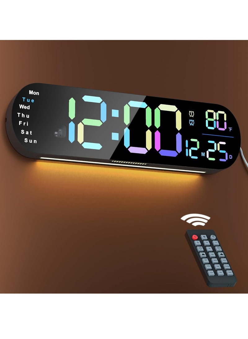 Digital Wall Clock Large Display, 14 inch Large Digital Wall Clock with RGB Color Remote Control, Date Week Temperature DST, Auto Brightness Dimmer Big Clock with Night Lights