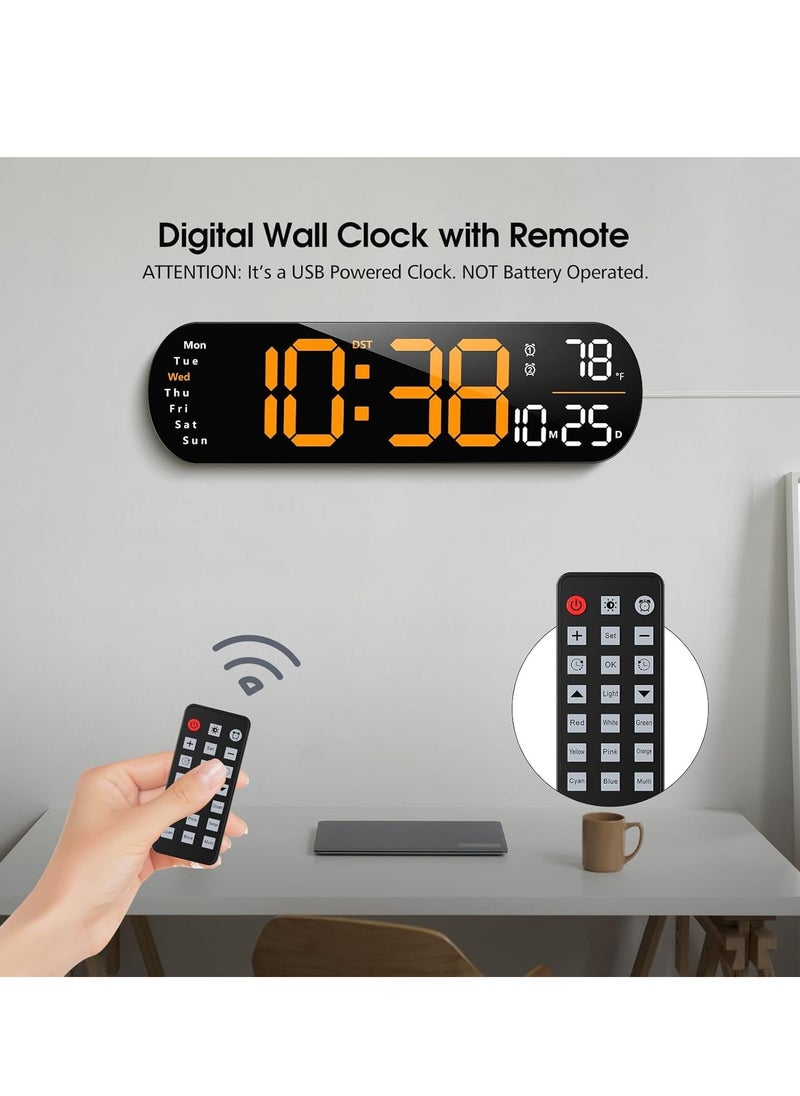 Digital Wall Clock Large Display, 14 inch Large Digital Wall Clock with RGB Color Remote Control, Date Week Temperature DST, Auto Brightness Dimmer Big Clock with Night Lights