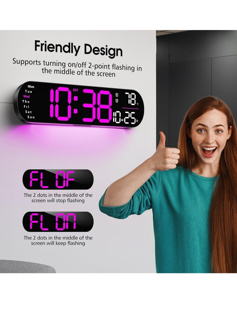 Digital Wall Clock Large Display, 14 inch Large Digital Wall Clock with RGB Color Remote Control, Date Week Temperature DST, Auto Brightness Dimmer Big Clock with Night Lights