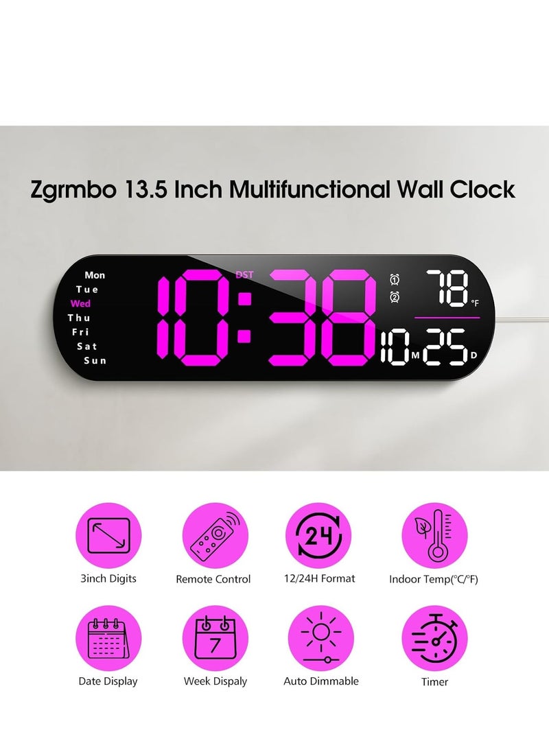 Digital Wall Clock Large Display, 14 inch Large Digital Wall Clock with RGB Color Remote Control, Date Week Temperature DST, Auto Brightness Dimmer Big Clock with Night Lights