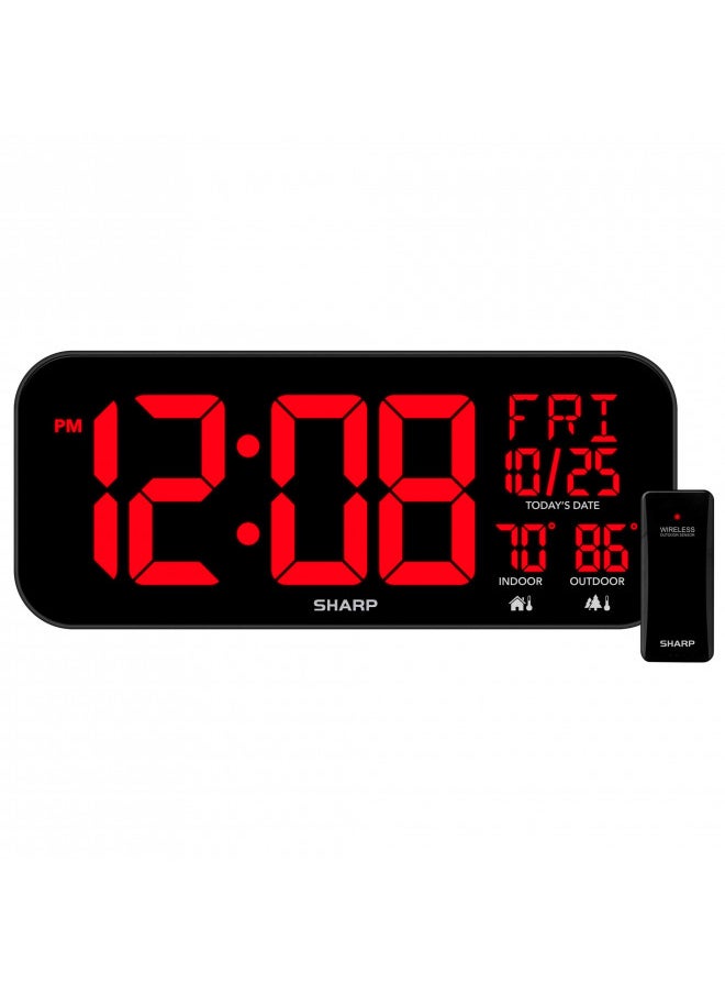 SHARP Large Oversized Screen LED Clock with Outdoor/Indoor Temperature with Outdoor Sensor, with Date and Day of Week 14 inch Clock with 4 inch Digits