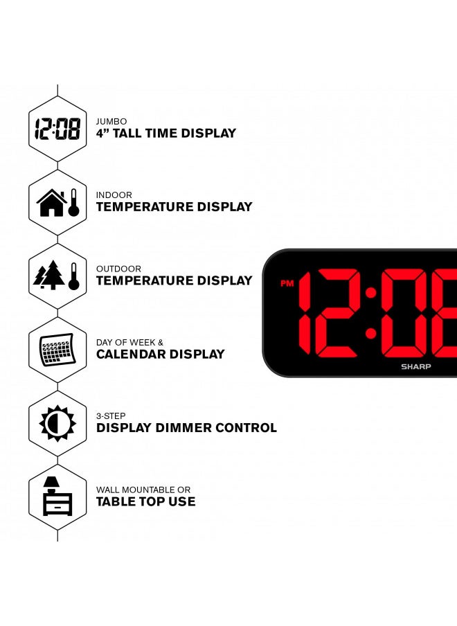 SHARP Large Oversized Screen LED Clock with Outdoor/Indoor Temperature with Outdoor Sensor, with Date and Day of Week 14 inch Clock with 4 inch Digits