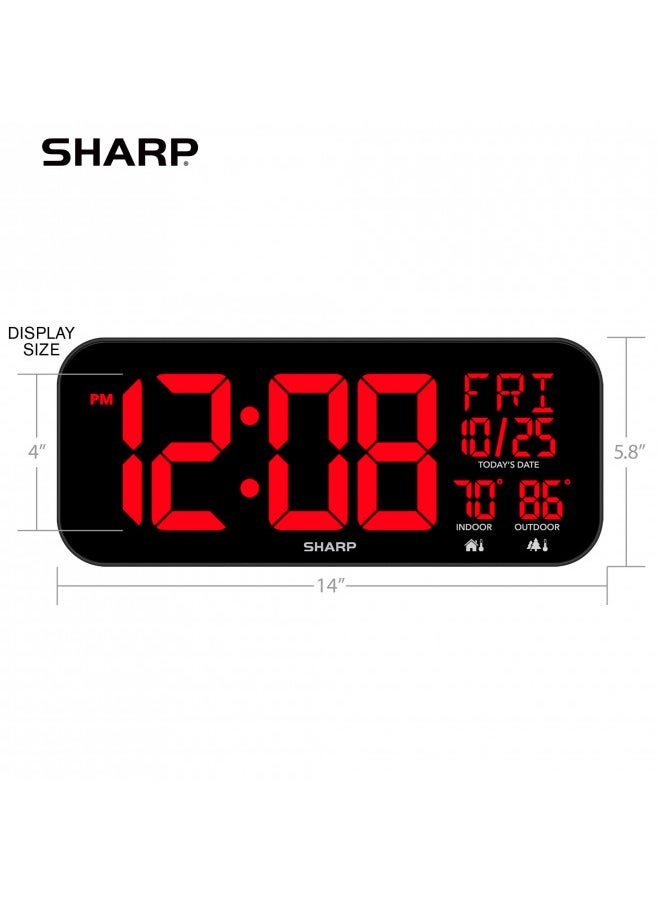 SHARP Large Oversized Screen LED Clock with Outdoor/Indoor Temperature with Outdoor Sensor, with Date and Day of Week 14 inch Clock with 4 inch Digits