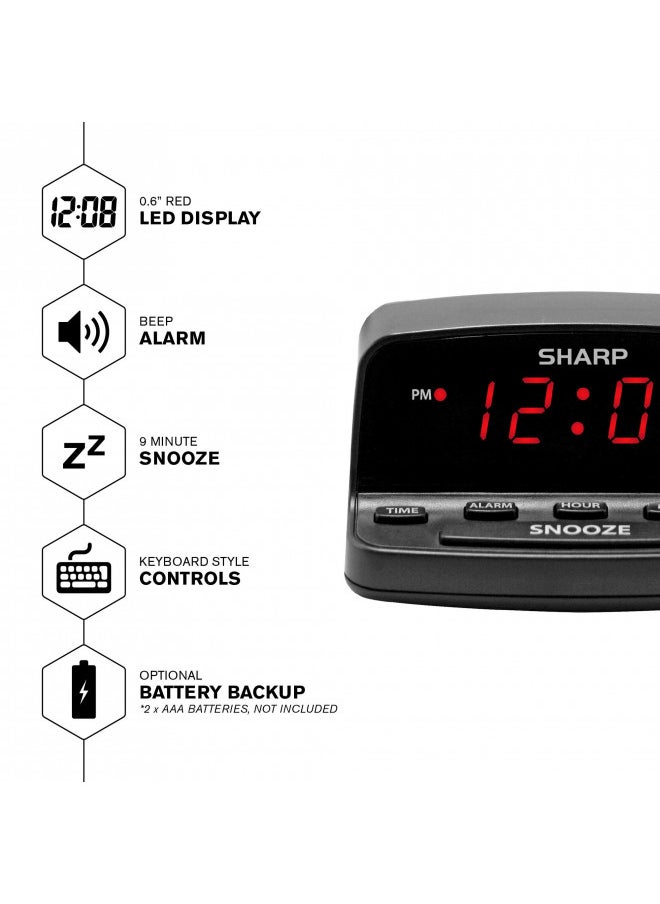 SHARP Digital Alarm Clock with Keyboard Style Controls, Battery Back-up, Easy to Use with Simple Operation, Black Case with Red LED Display