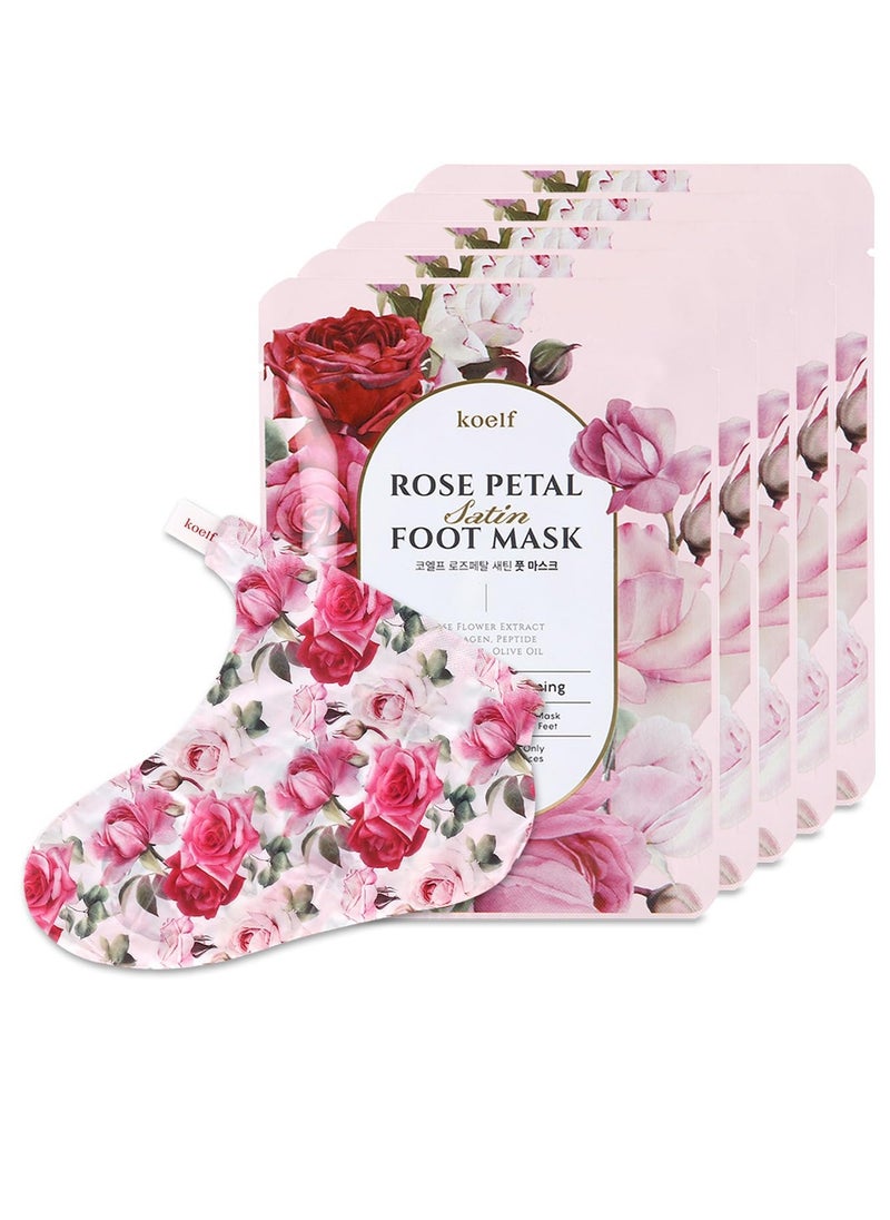 PETITFEE Rose Petal Satin Foot Mask (5pairs) - Intensive Nourishing Socks, Rose Scented Foot Repair Masks with Peptide, Collagen, Shea Butter, Urea for Silky Smooth Feet, Foot Treatment, Body Mask