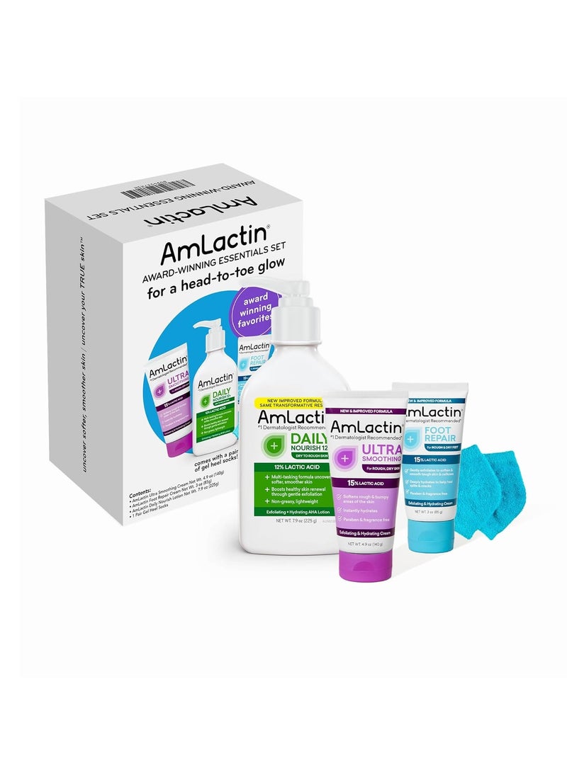 AmLactin Award-Winning Essentials Skin Care Set - Daily Nourish 12% Lotion, Ultra Smoothing Cream, Foot Repair Cream & Moisturizing Socks - Lactic Acid Moisturizer Gift Set for Whole-Body Skin Renewal