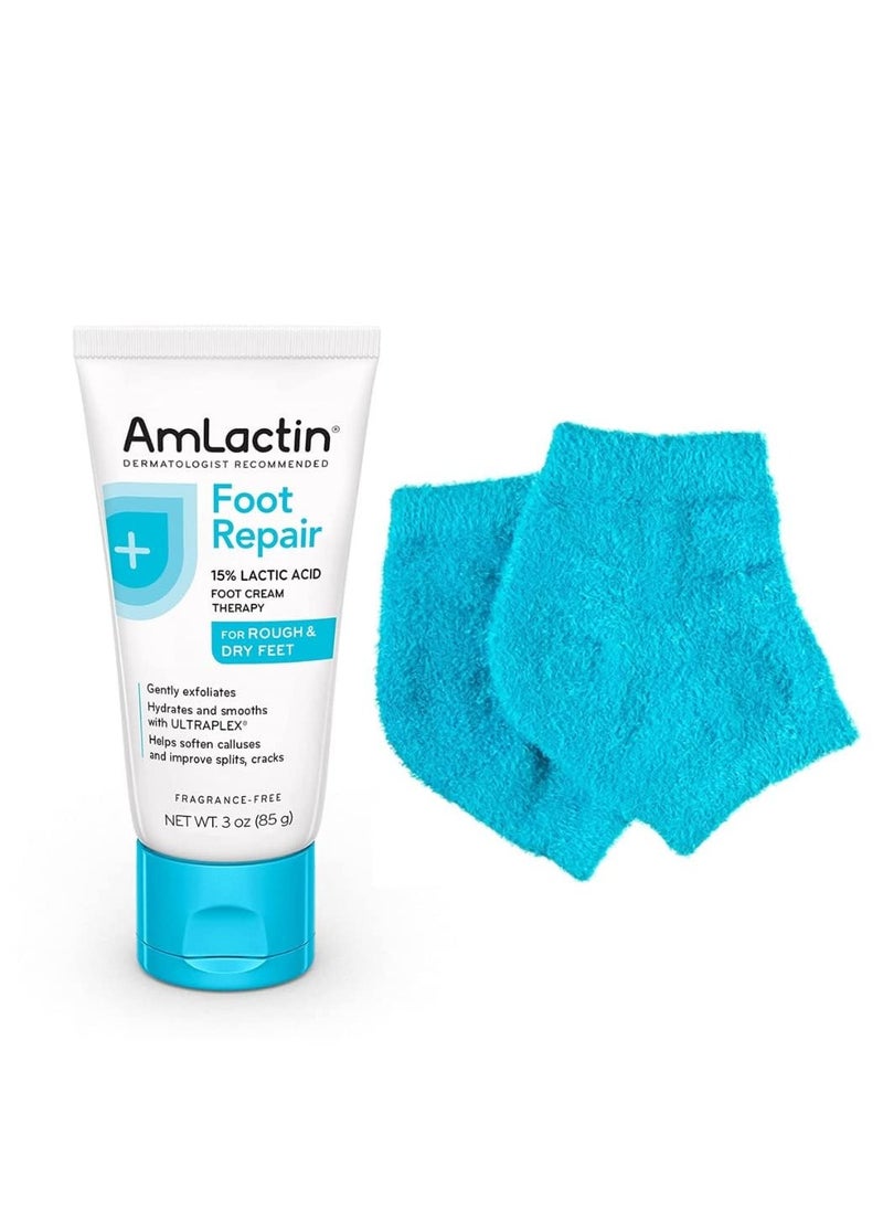 AmLactin Foot Repair Foot Cream Therapy, 3 oz + One Pair Moisturizing Heel Socks