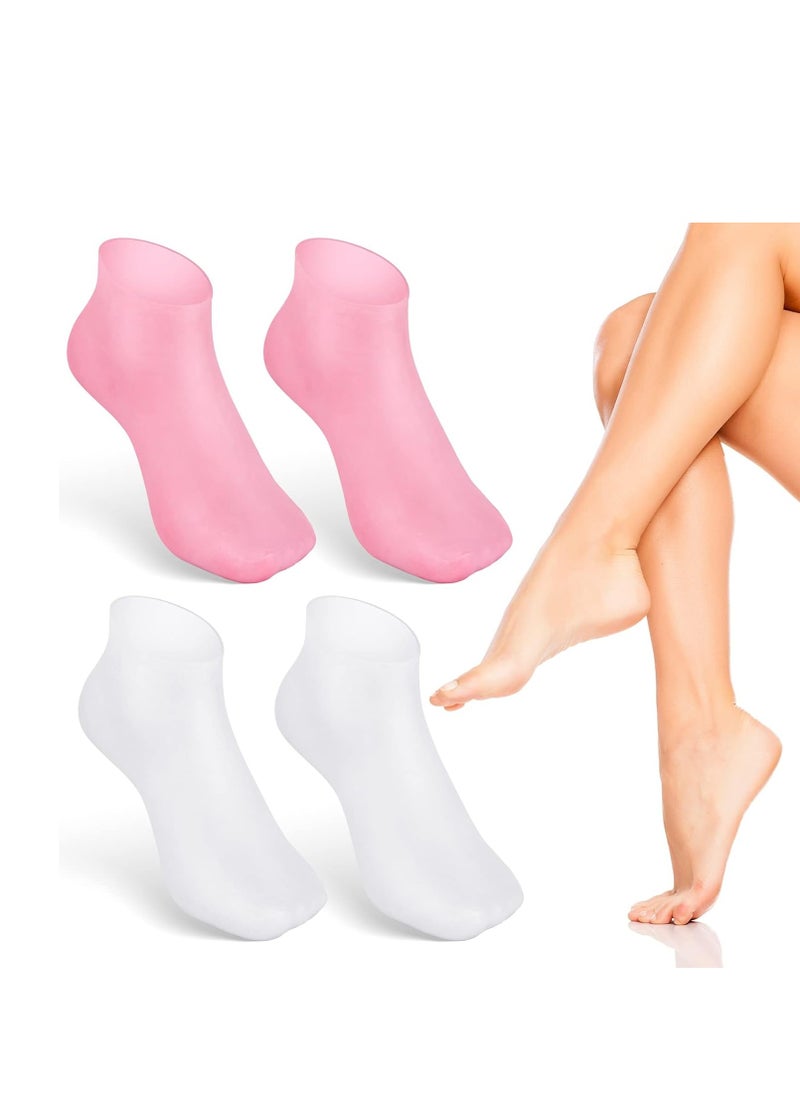 Noverlife 2 Pairs Silicone Moisturizing Socks Softening Dry Cracked Feet Rough Skins & Anti Slip Aloe Socks for Dry Cracked Feet Women, Calluses, Spa Gel Socks Foot Care After Pedicure - Pink & White