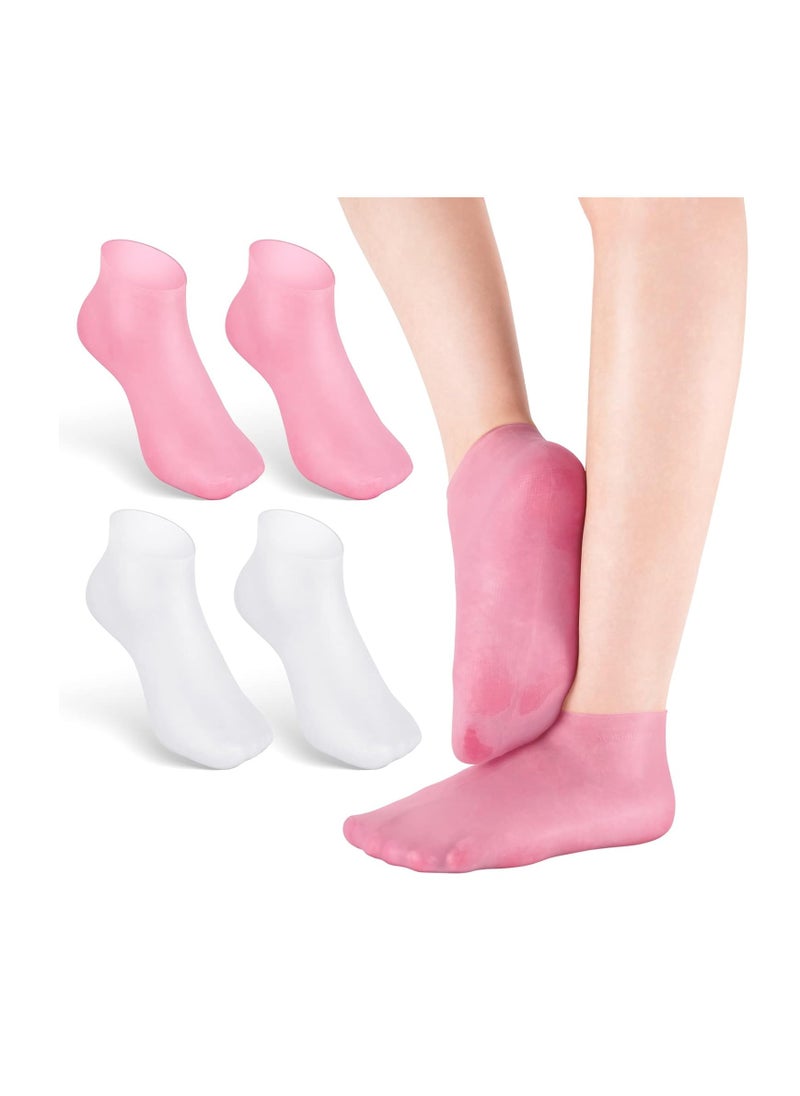 Noverlife 2 Pairs Silicone Moisturizing Socks Softening Dry Cracked Feet Rough Skins & Anti Slip Aloe Socks for Dry Cracked Feet Women, Calluses, Spa Gel Socks Foot Care After Pedicure - Pink & White